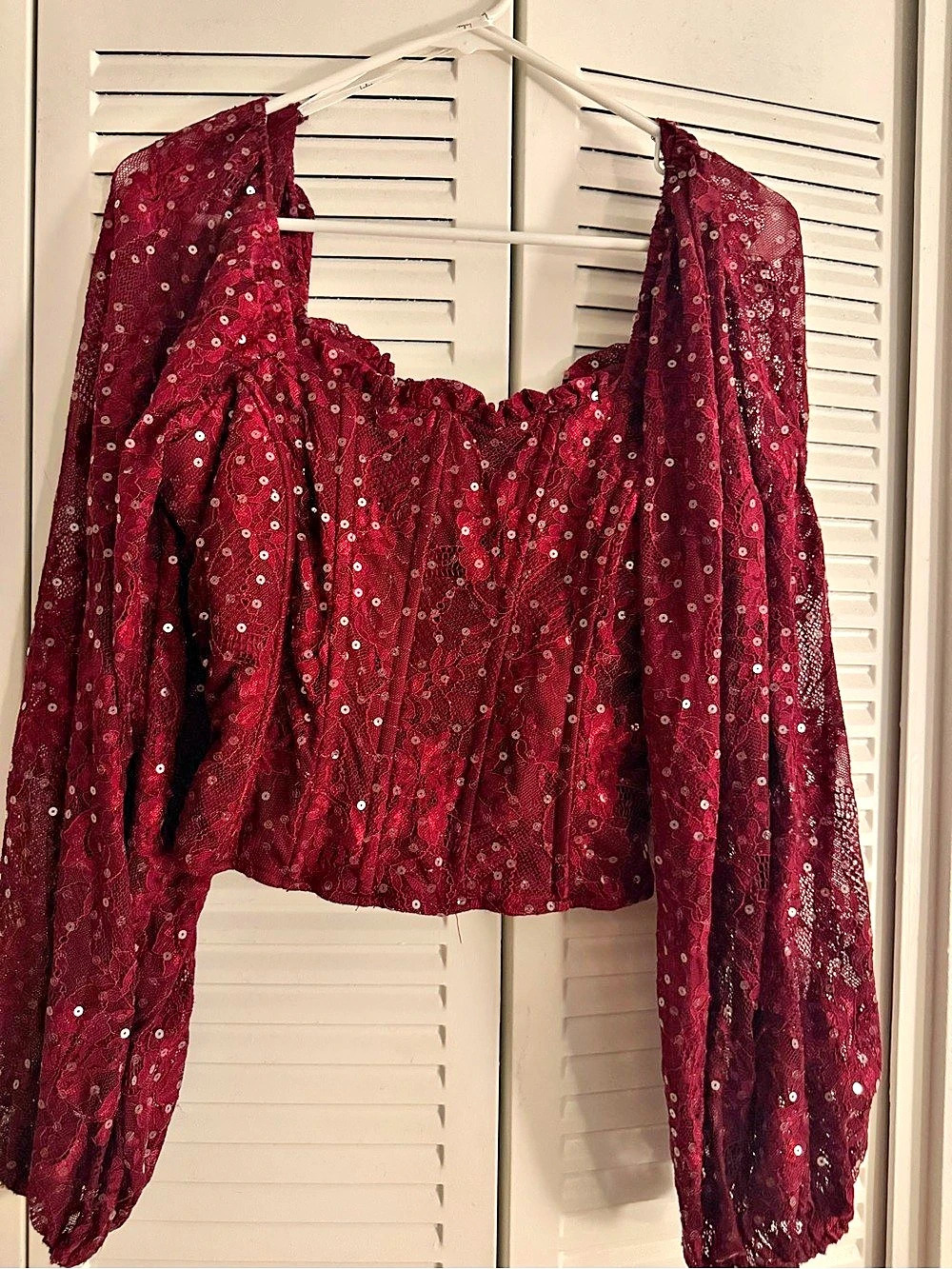 Lulus Floral Sequin Long Sleeve Crop Top in Red Like New